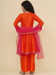 Solid Three-Fourth Sleeves Above Knee Length Silk Kurta & Trousers With Dupatta - Orange