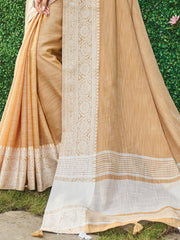 Linen Cotton Saree with Intricate Woven Border & Contrast Pallu | Soft Lightweight Traditional Drape | Tassel Edge | Unstitched Blouse Piece