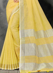 Elegant Peach Woven Linen Saree with Contrast Zari Border & Tassels – Soft & Breathable Party Wear