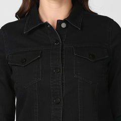 Women's Solid Black Denim Jacket