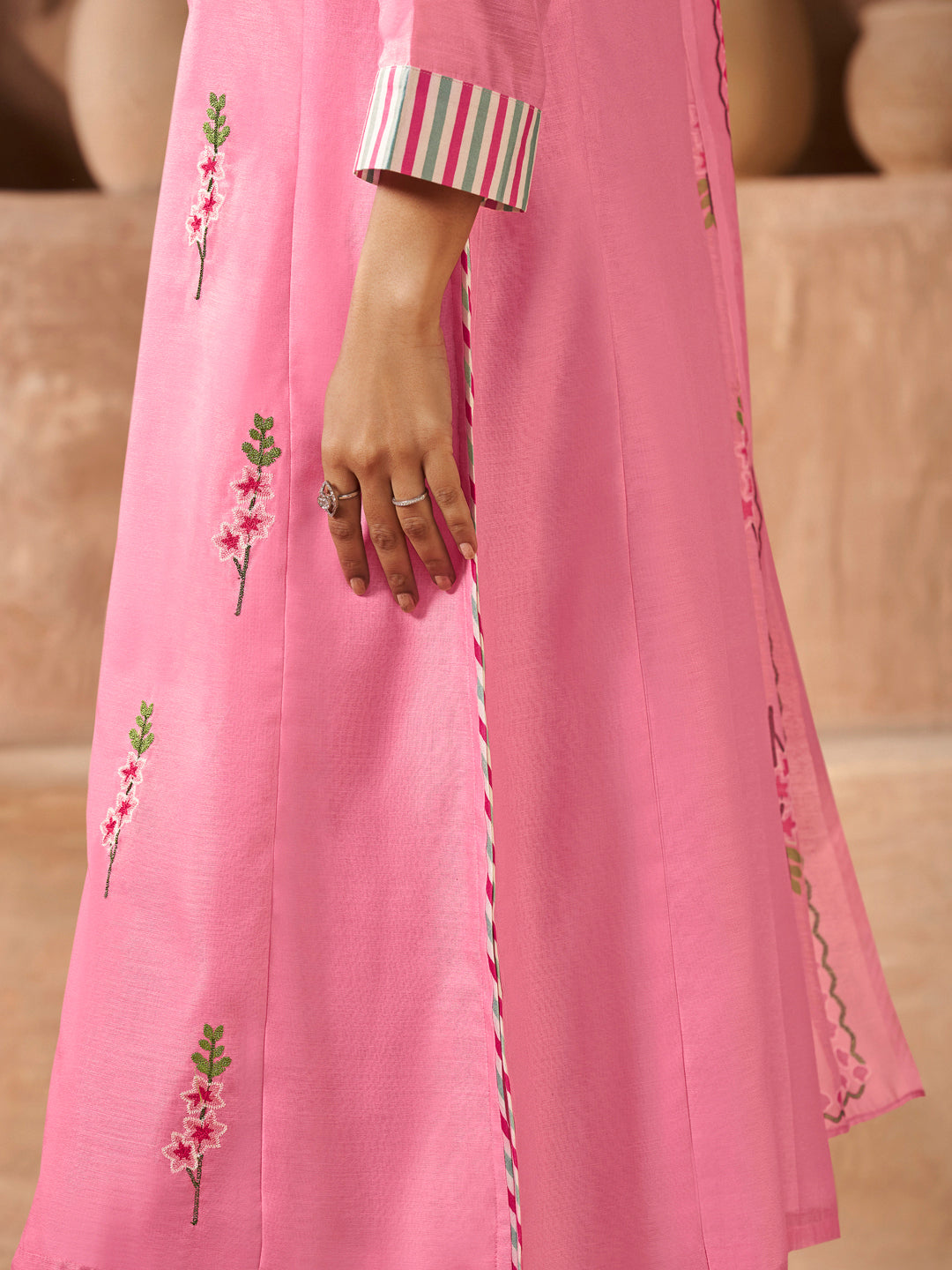 Elegant Peach Floral Embroidery Straight Kurta Set with Printed Dupatta
