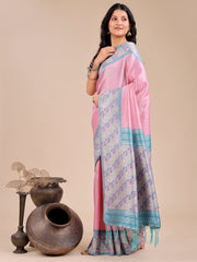 Radiant Sky Blue Silk Saree with Pink & Blue Floral Pattern – Perfect for Weddings & Festive Glamour