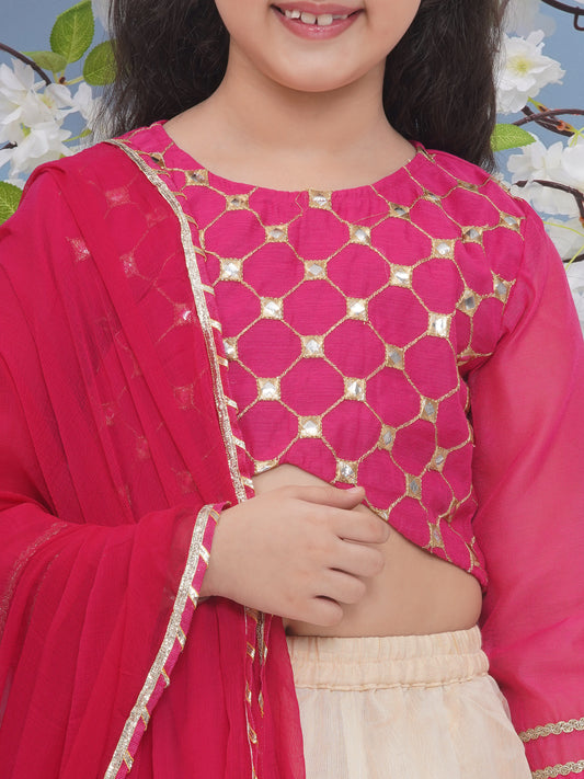 Girls Pink & Beige Flower Printed with Embroidered Choli, Beige Flower Printed Lace work Lehenga with Dupatta