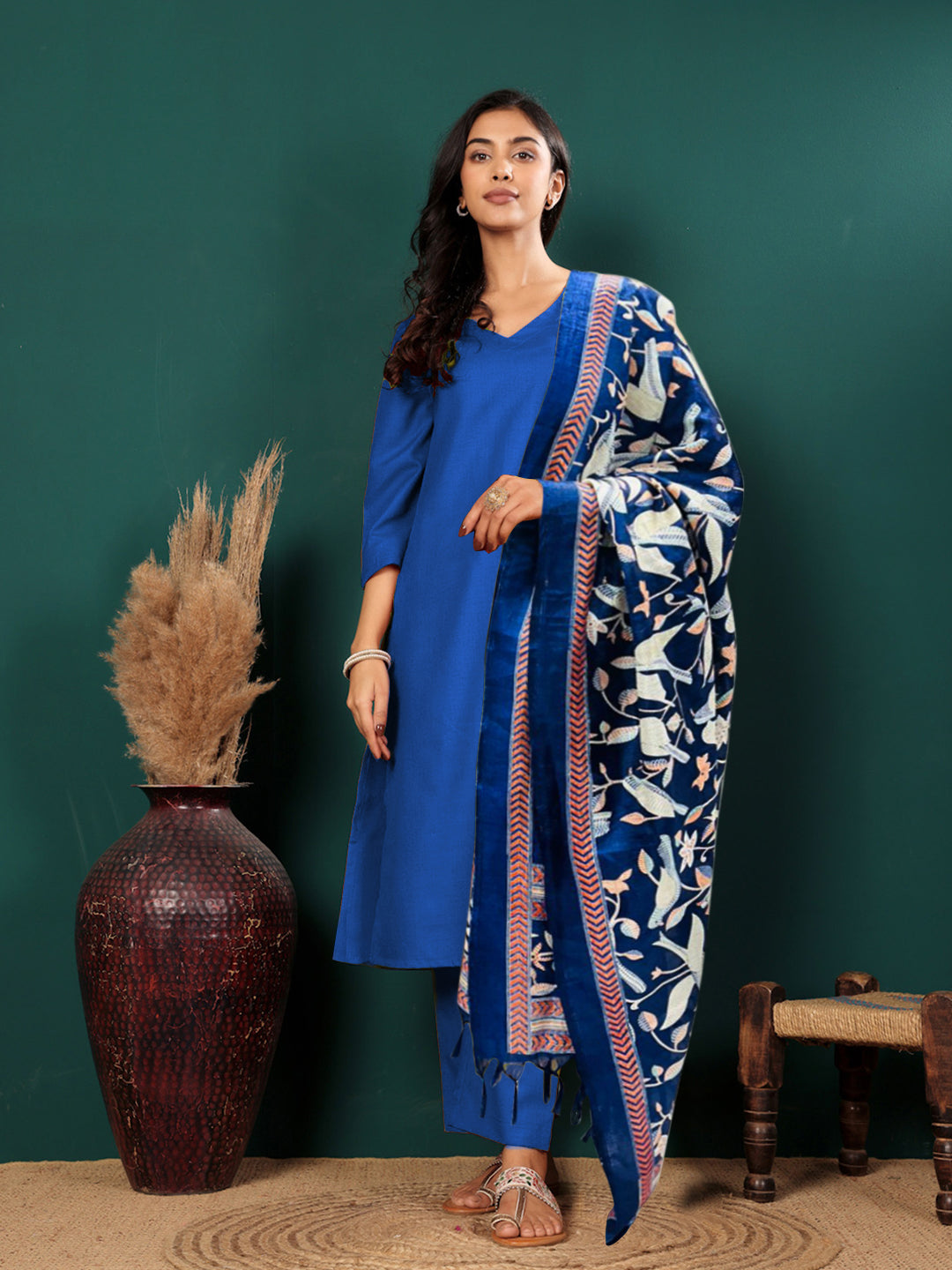 Women V Neck Straight Kurta with Pants & Dupatta