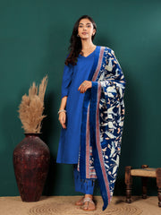 Women V Neck Straight Kurta with Pants & Dupatta