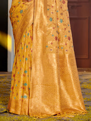 Graceful Yellow Banarasi Silk Saree with Golden Zari Woven Border & Floral Jaal – Wedding & Festive Wear