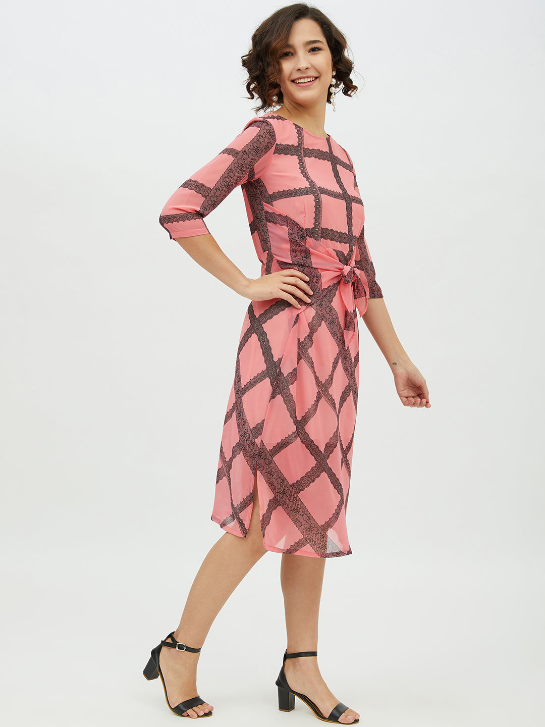 StyleStone Women's Pink Check front Tie Knot Midi Dress