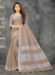 Elegant Peach Woven Linen Saree with Contrast Zari Border & Tassels – Soft & Breathable Party Wear