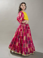 Girls Pink & Yellow Ikat Digital Print Ready to Wear Lehenga & Blouse with Jacket