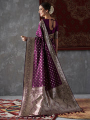 Women's Silk Blend Purple WovenDesign DesignerSaree With Blouse Piece