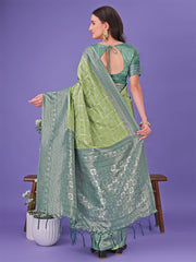 Vibrant Yellow & Blue Lichi Silk Saree with Rich Woven Border and Contrast Blouse – Festive & Wedding Wear