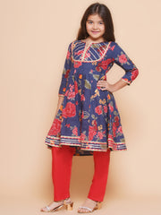 Girls Navy Blue Red Printed Anarkali Kurta & Palazzos