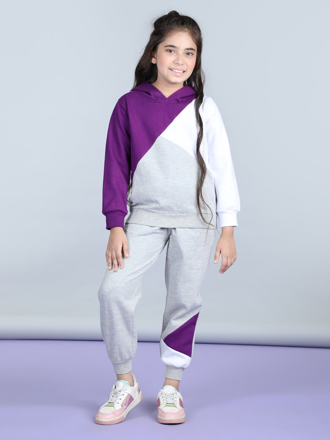 Girls Purple and White Color Blocked Tracksuit