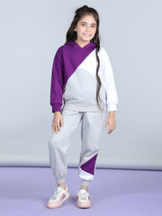 Girls Purple and White Color Blocked Tracksuit