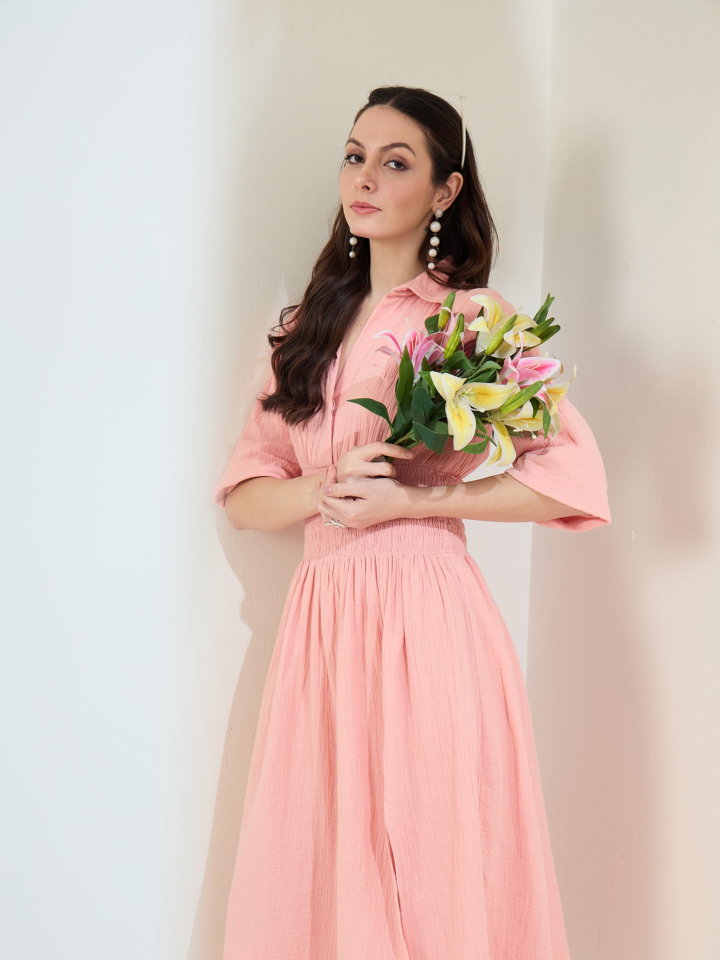 StyleStone Women's Pink Cotton Gauze Dress with Waist Smocking