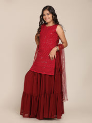 Silk blend Woven Sleeveless Embroidered Flared Kurta And Skirt With Dupatta Set - Maroon