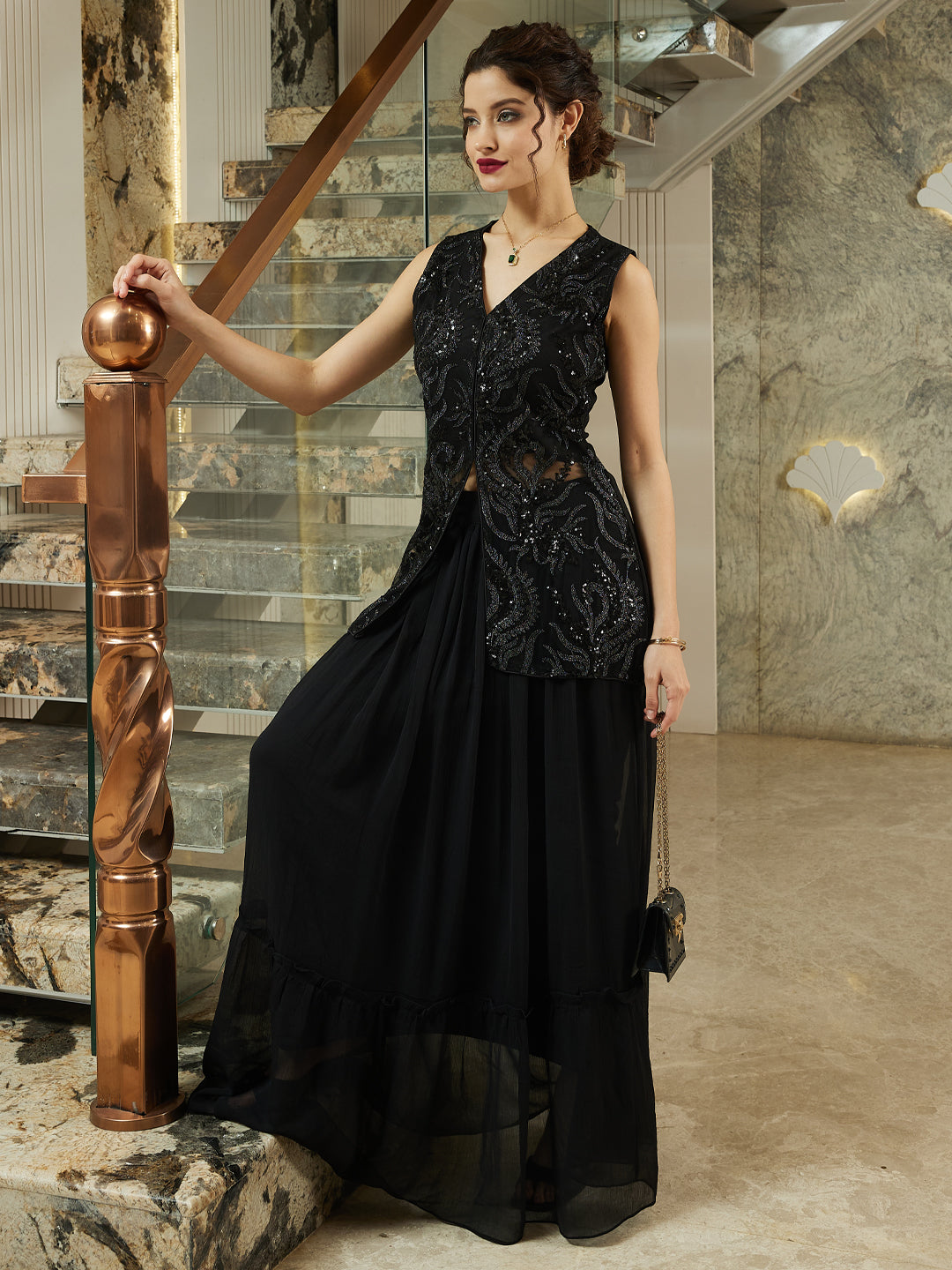 Women Emboridered Sequined Waistscoat & Skirt Co-Ord Set