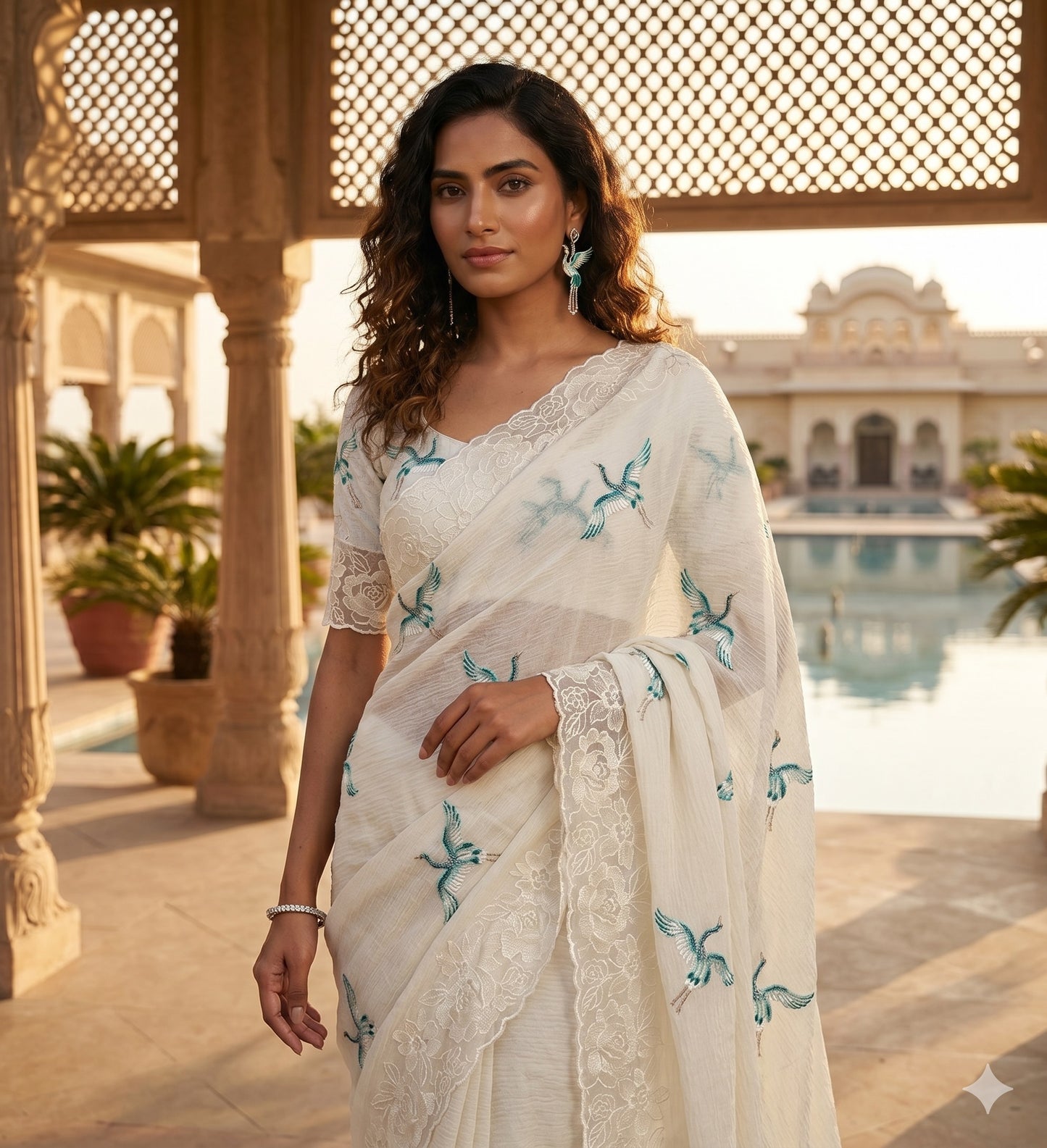 soft bubble crush saree in off white color.Lucknowi style embroidery border with bird emboridary.Pereftly matched net embroidery blouse.