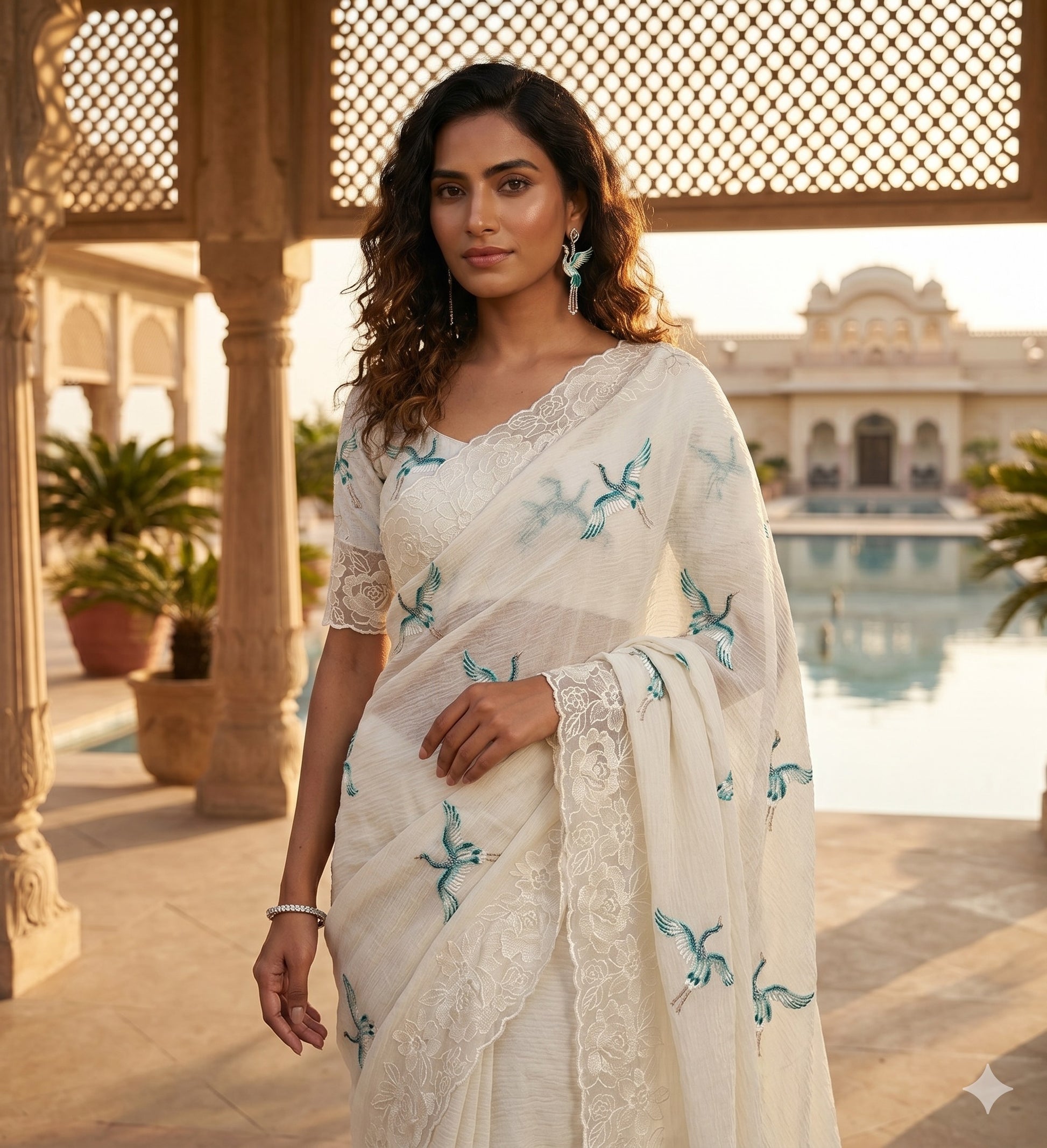 soft bubble crush saree in off white color.Lucknowi style embroidery border with bird emboridary.Pereftly matched net embroidery blouse.