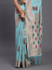 Elegant Linen Cotton Saree with Woven Pallu, Big Butta Work & Tassels - Office & Festive Wear