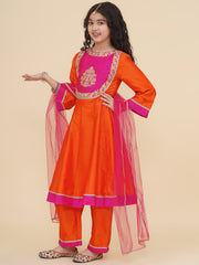 Solid Three-Fourth Sleeves Above Knee Length Silk Kurta & Trousers With Dupatta - Orange