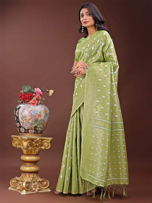 Elegant Light Green Linen Saree with Silver Zari Butta & Pallu – Daily Wear | Festive Look | Soft Feel