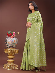 Elegant Light Green Linen Saree with Silver Zari Butta & Pallu – Daily Wear | Festive Look | Soft Feel