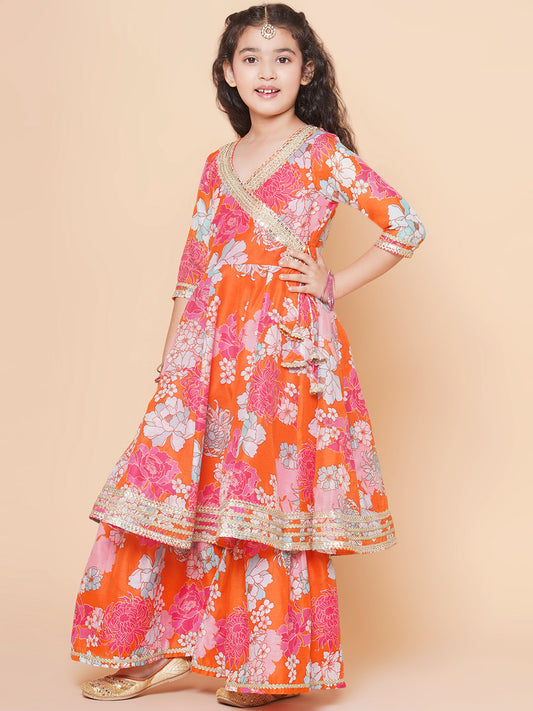 Girls Orange Multi Floral Printed Angrakha Gotta Patti Kurta & Sharara set With Dupatta