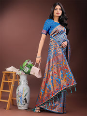 Vibrant Copper & Blue Banarasi Silk Saree with Colorful Pallu – Perfect Blend of Tradition and Festive Elegance
