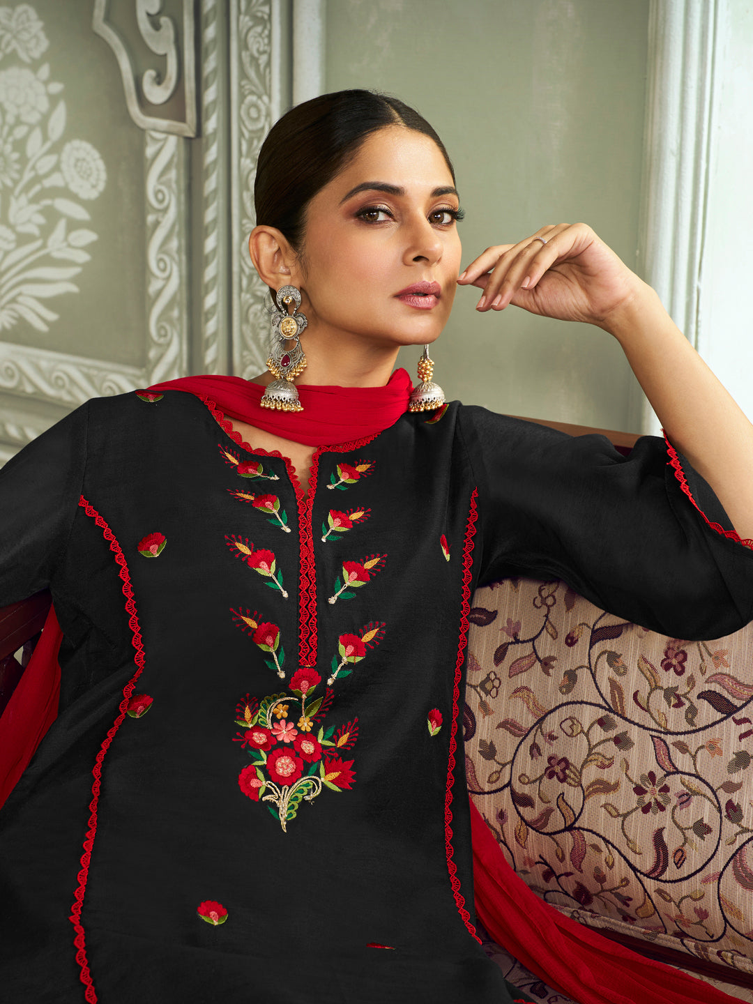 Black Floral Embroidery Straight Kurta Set With Printed Dupatta