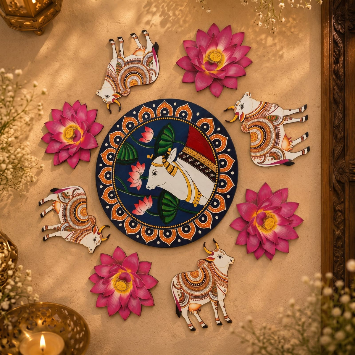 MDF Rangoli Set | Kamdhenu Cow & Lotus Pichwai Design | 9 Pcs