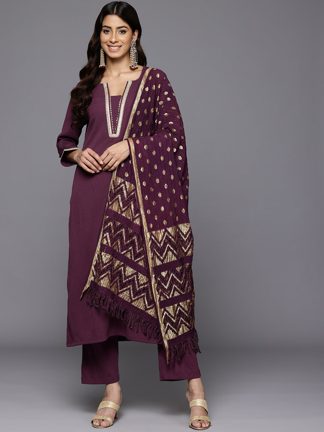 Women Purple Gota Lace Embellished Kurta With Bottom And Dupatta