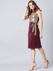 Burgundy & Brown Embellished Sheath Dress