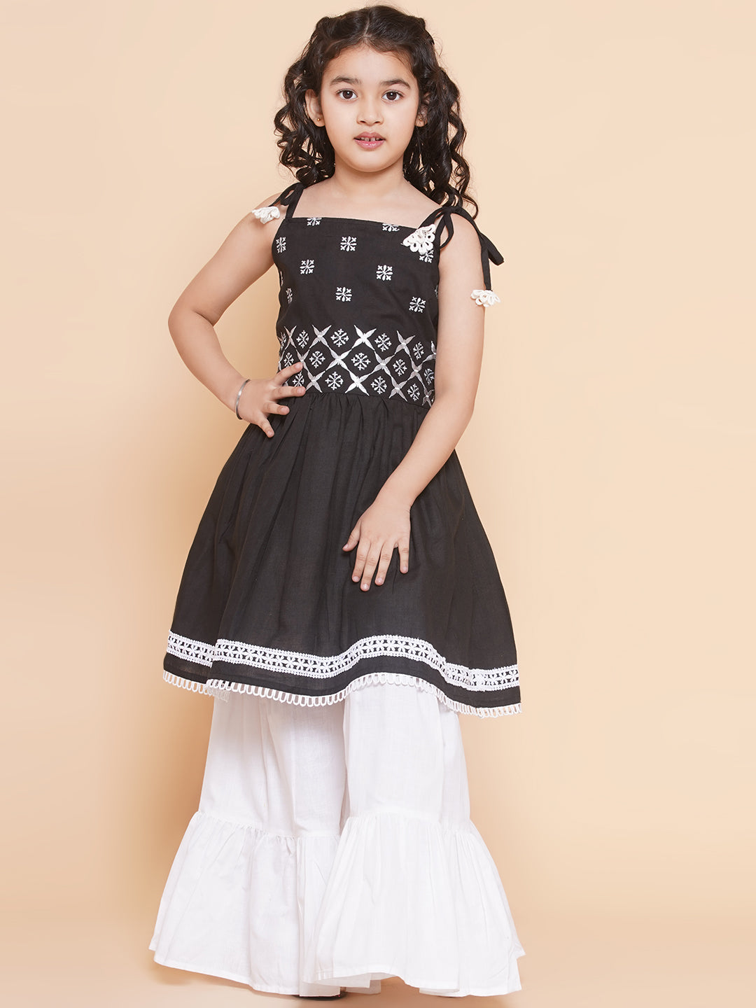cotton Woven Sleeveless Embroidered Flared Kurta And Sharara Set