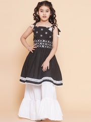 cotton Woven Sleeveless Embroidered Flared Kurta And Sharara Set