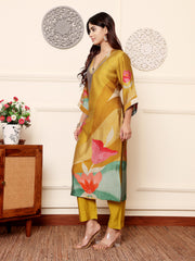 Women Olive Abstract Printed  Gota Lace Detailed Kurta With Solid Trouser.
