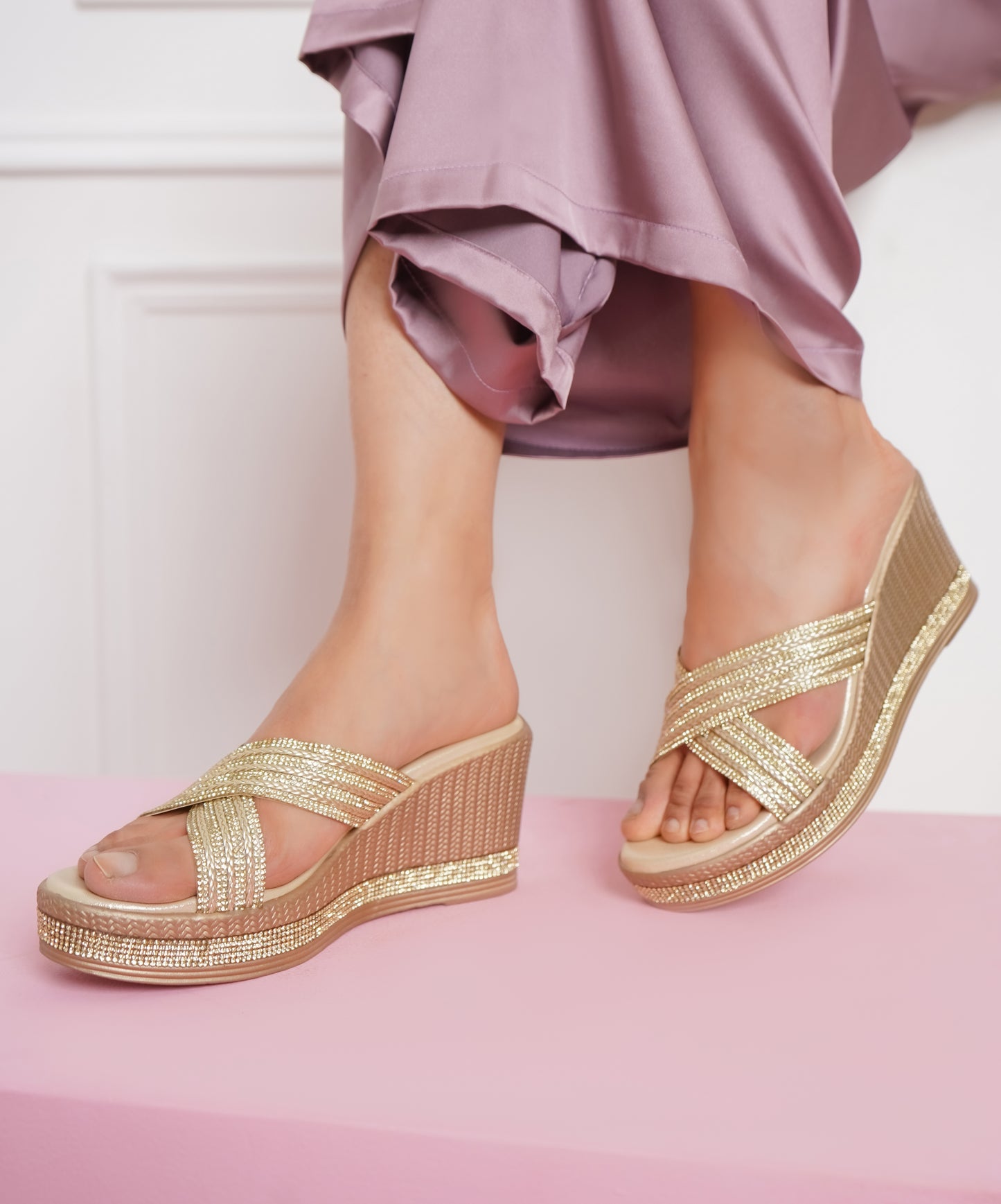 Gold Casual Wedge Open Back 3 inches Wedge Heels