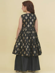 Placement Print Sleeveless Above Knee Length Cotton Kurta With Sharara - Black