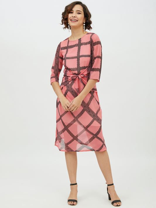 StyleStone Women's Pink Check front Tie Knot Midi Dress