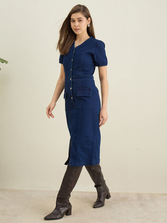 StyleStone Women's Denim Dress with front Slit