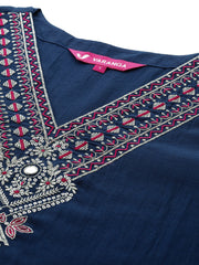 Women Blue Embroidered Straight Kurta   Paired With Tonal Embroidered Bottom And With Tonal  Chiffon Dotted Dupatta
