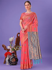 Light Pink Woven Zari Traditional Linen Cotton Saree with Rich Pallu & Unstitched Blouse – Festive & Wedding Wear Saree