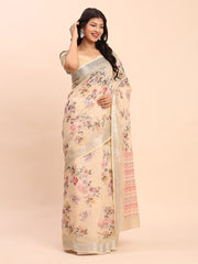 Soft Linen Cotton Saree for Women with Blouse | Elegant Cream Beige Saree with Peach Floral Print & Subtle Zari Border | Lightweight Daily & Festive Wear
