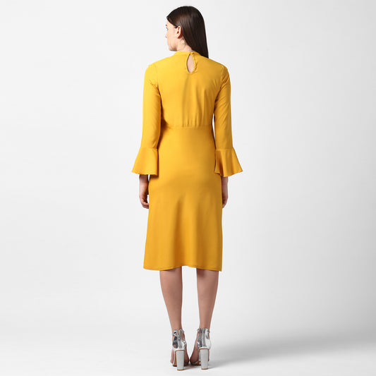 Women's Yellow Front Ruffle Bell Sleeve Dress