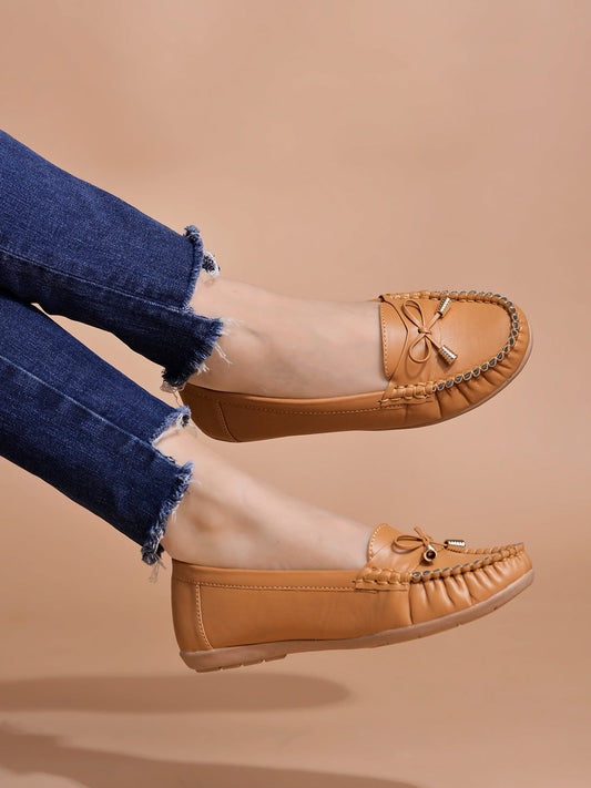 Shoetopia - Stylish Bow Detailed Tan Loafers For Women & Girls