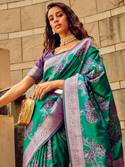 Women's Satin Silk Teal green Woven Design Designer Saree With Blouse Piece