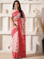 Elegant Woven Linen Cotton Saree for Durga Puja & Diwali | Ethnic Motif Design with Rich Zari Border | Soft, Breathable, Festive-Ready Traditional Drape