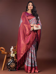 Majestic Red & Grey Silk Saree with Rich Woven Pallu – A Regal Touch for Special Moments