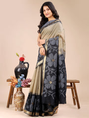 Elegant Cream Cotton Saree – Timeless Charm with Floral Detailing