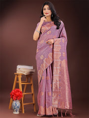 Teal Blue Linen Cotton Saree with Woven Geometric Zari Motifs – Elegant Festive Wear for Women